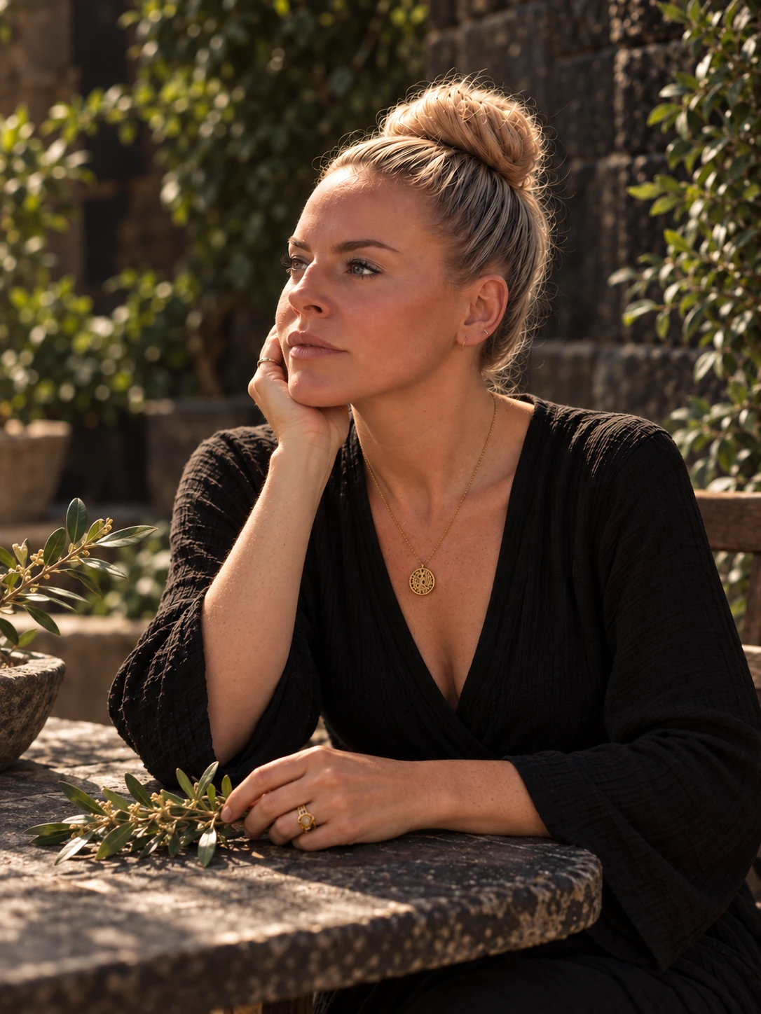 Sonja Landtrachtinger im schwarzen Leinenkleid an einem botanischen Steintisch